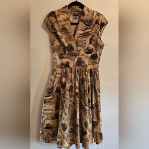 Retrolicious Retro 50s Cotton Midi Dress With Steam Trains Brown Rockabilly Med